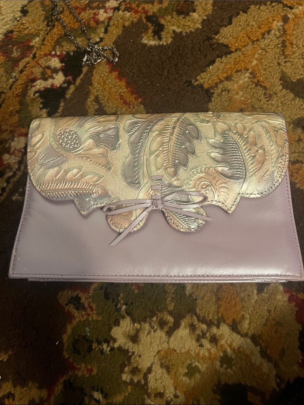 Lilac Iridescent Floral Embossed Clutch with Bow Accent